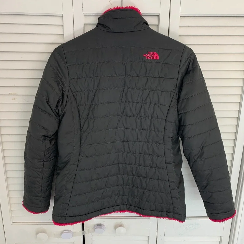 The North Face Girl‎ Youth XL 18 Reversible Mossbud Jacket Coat Grey Pink Fleece